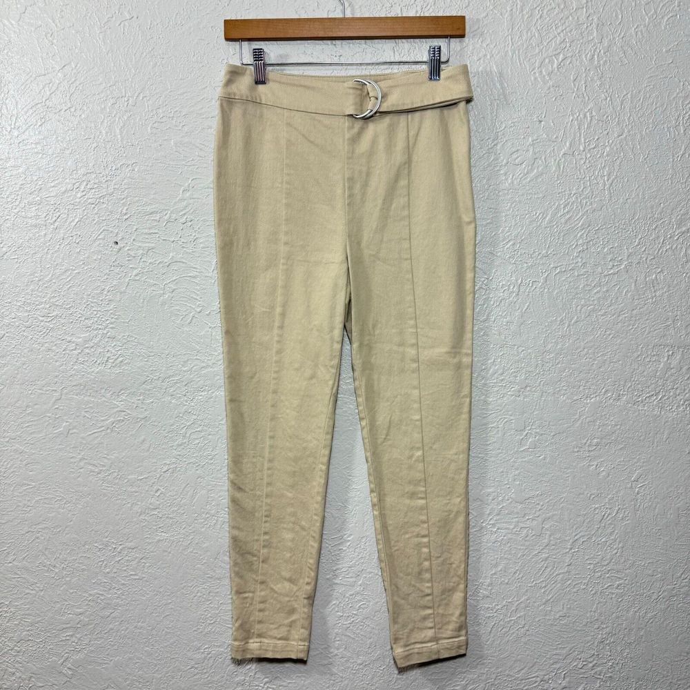 L' Academie Revolve Trouser Pant Small Beige Khaki Belted Buckle Pleated Neutral